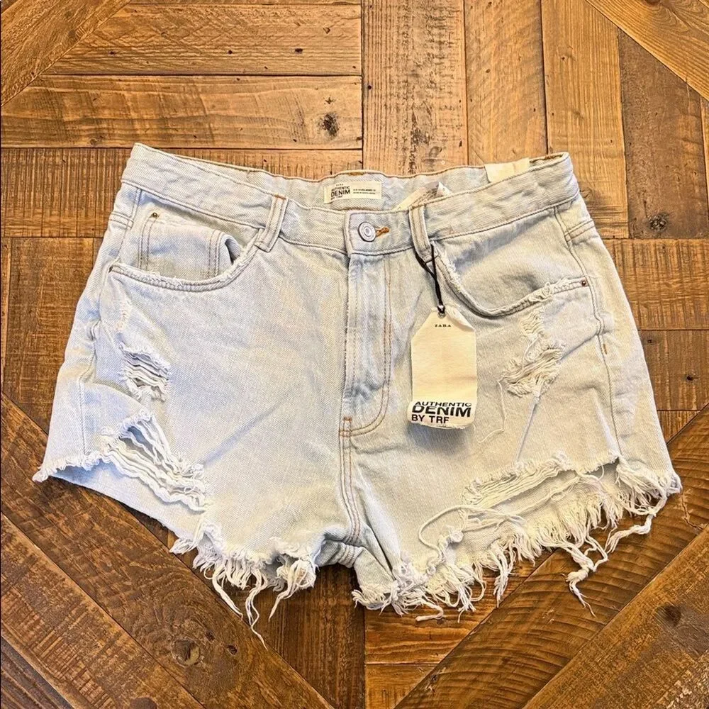 Zara TRF Denim Shorts Womens Size 8 Light Blue Distressed Cutoff Raw Hem
